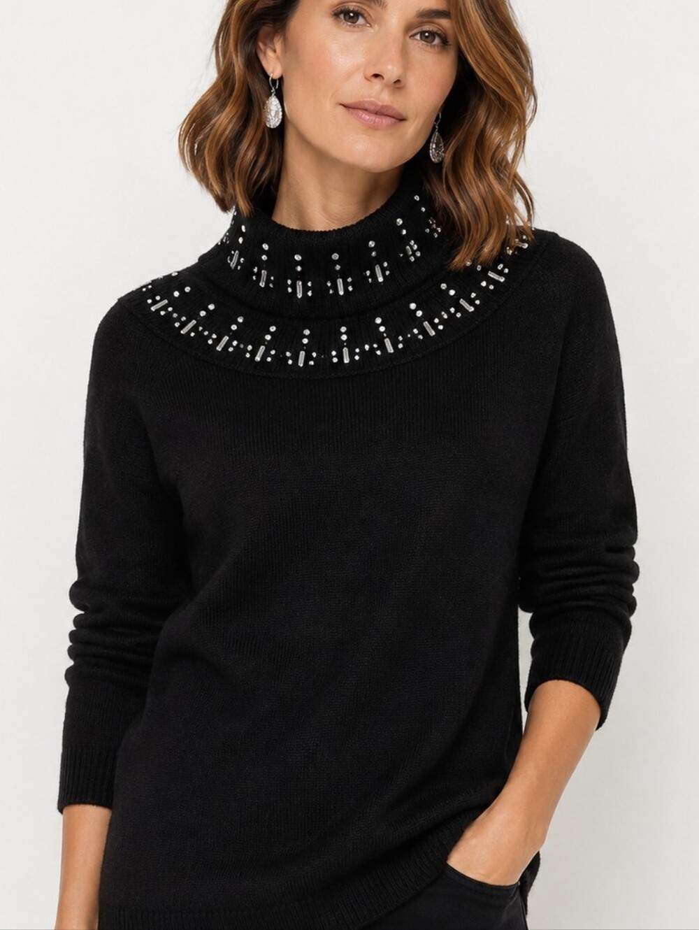 WHBM Rhinestone Black Turtleneck Wool Blend Sweater